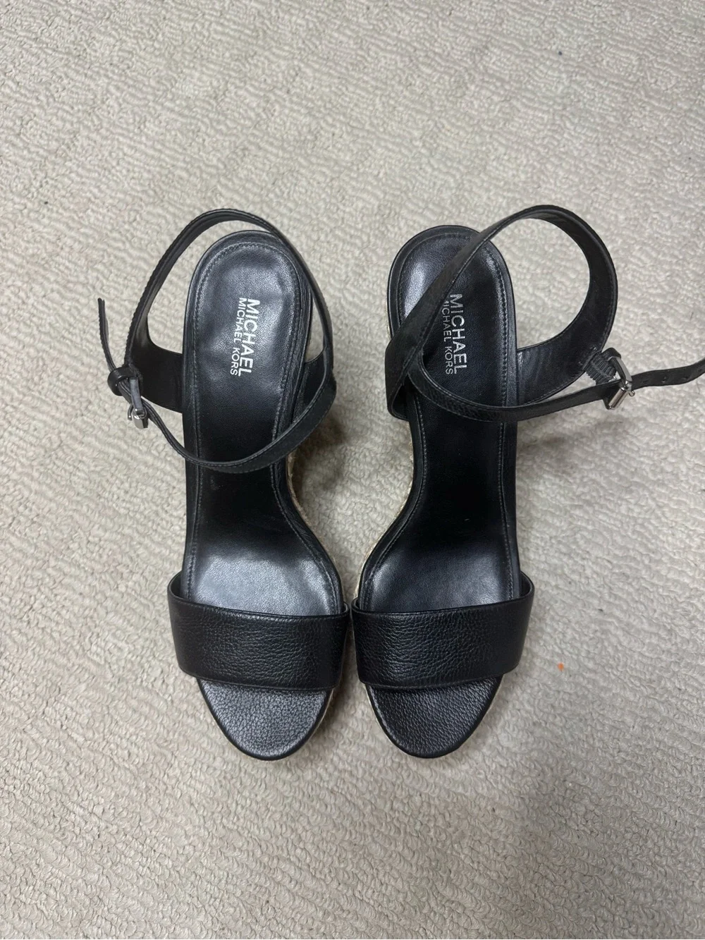 Michael Kors Black Leather Espadrille Wedge Sandals with Ankle Strap